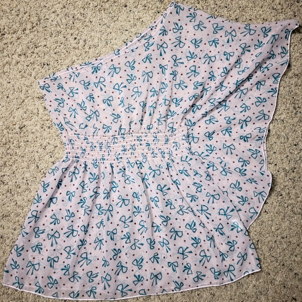 Small One Shoulder Blouse Bows Graphic Elastic Waist Top Sheer